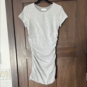Gray Ruched Sheath Midi Dress Crew Neck